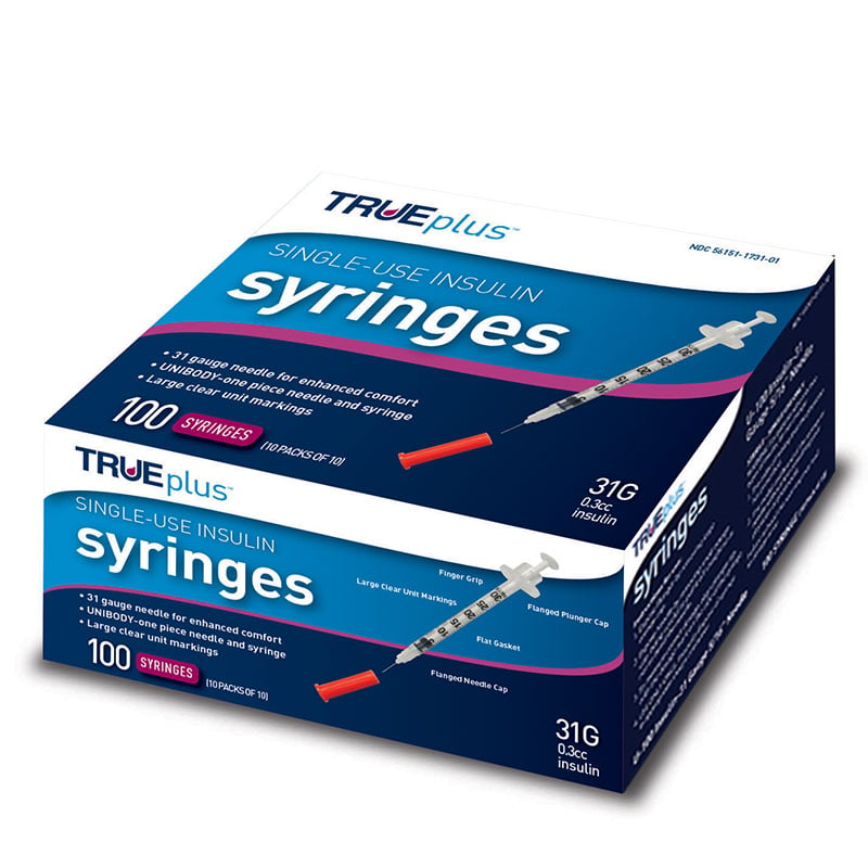 TRUEplus U-100 Insulin Syringes 31G 3/10cc 5/16 inch 100/box