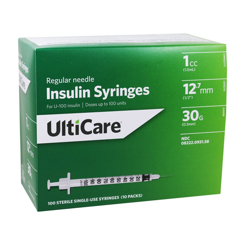 UltiCare Ulti-Fine U-100 Insulin Syringes 30g 1cc 1/2in 100/bx