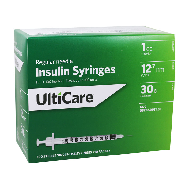 UltiCare Ulti-Fine U-100 Insulin Syringes 30G, 1cc, 1/2 inch - Case of 5