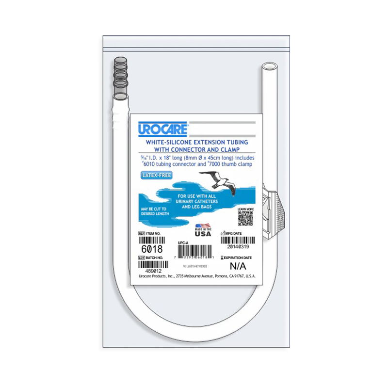 Urocare White-Silicone Extension Tubing with Connector and Clamp 5/16 x 18 inch